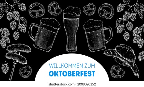 Oktoberfest menu design template. Beer glass and hops. German food sketch. Hand drawn vector illustration. German cuisine. Black and white. Engraved style. Hand drawn food, sketch illustration