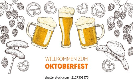 Oktoberfest menu design template. Beer glass and hops. German food sketch. Hand drawn vector illustration. German cuisine. Black and white. Engraved style. Hand drawn food, sketch illustration