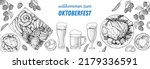Oktoberfest menu design template. German food sketch. Hand drawn vector illustration. German cuisine. Black and white. Engraved style. Hand drawn food and drink, sketch illustration