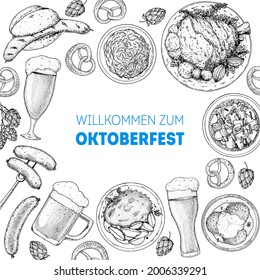 Oktoberfest menu design template. German food sketch. Hand drawn vector illustration. German cuisine. Black and white. Engraved style. Hand drawn food, sketch illustration