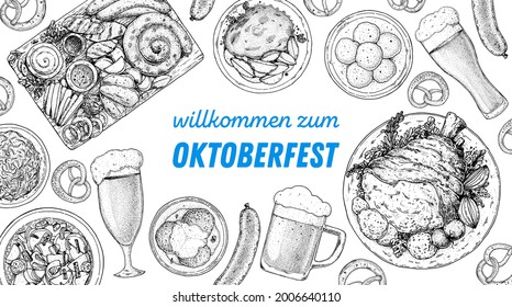 Oktoberfest menu design template. German food sketch. Hand drawn vector illustration. German cuisine. Black and white. Engraved style. Hand drawn food, sketch illustration