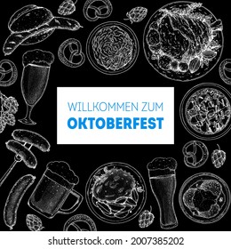 Oktoberfest menu design template. German food sketch. Hand drawn vector illustration. German cuisine. Black and white. Engraved style. Hand drawn food, sketch illustration