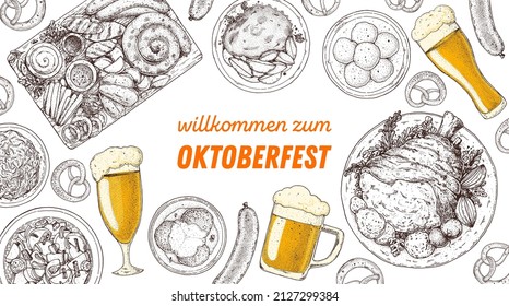 Oktoberfest menu design template. German food sketch. Hand drawn vector illustration. German cuisine. Black and white. Engraved style. Hand drawn food, sketch illustration