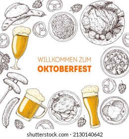 Oktoberfest menu design template. German food sketch. Hand drawn vector illustration. German cuisine. Black and white. Engraved style. Hand drawn food, sketch illustration