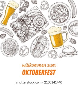 Oktoberfest menu design template. German food sketch. Hand drawn vector illustration. German cuisine. Black and white. Engraved style. Hand drawn food, sketch illustration.