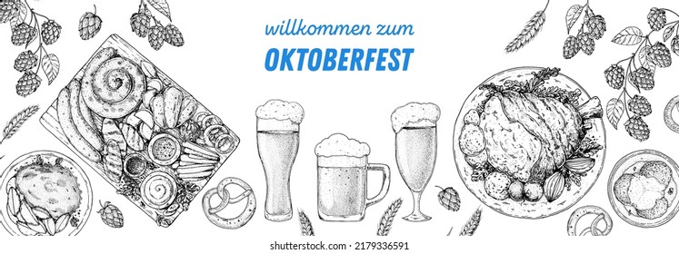 Plantilla de diseño de menú Oktoberfest. Esbozo de comida alemana. Ilustración vectorial dibujada a mano. Cocina alemana. Blanco y negro. Estilo grabado. Comida y bebida extraída a mano, ilustración de boceto