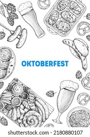 Oktoberfest menu design template. German food sketch. Hand drawn vector illustration. German cuisine. Black and white. Engraved style. Hand drawn food and drink, sketch illustration