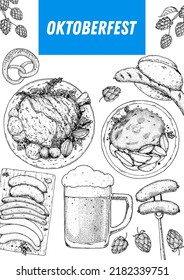 Oktoberfest menu design template. German food sketch. Hand drawn vector illustration. German cuisine. Black and white. Engraved style. Hand drawn food and drink, sketch illustration