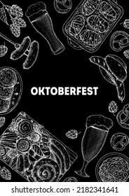 Plantilla de diseño de menú Oktoberfest. Esbozo de comida alemana. Ilustración vectorial dibujada a mano. Cocina alemana. Blanco y negro. Estilo grabado. Comida y bebida extraída a mano, ilustración de boceto