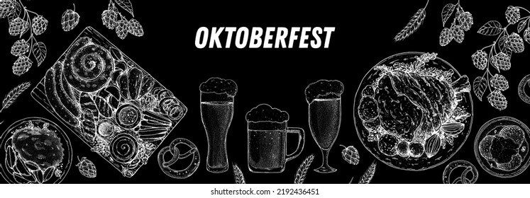 Oktoberfest menu design template. German food sketch. Hand drawn vector illustration. German cuisine. Black and white. Engraved style. Hand drawn food and drink, sketch illustration