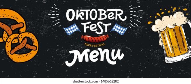 Oktoberfest menu horizontal web banner. Vector flat color illustration for German beer festival in Munich. Lettering with mug beer, sausage, pretzel and Bavarian flag. Cracks can be removed