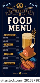 Oktoberfest Menu. Traditional Oktoberfest menu vector template appetizers, main courses, dishes, desserts. Design on a dark background, Bavarian restaurant menu beer, sausages, pork knuckle, mustard