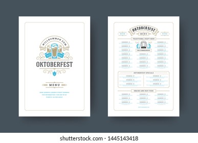 Oktoberfest menu vintage typography template with cover beer festival celebration and label design vector illustration. Beer mug symbol and decoration objects.