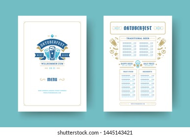 Oktoberfest menu vintage typography template with cover beer festival celebration and label design vector illustration. Beer mug symbol and decoration objects.