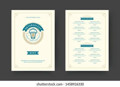 Oktoberfest menu vintage typography template with cover beer festival celebration and label design vector illustration. Beer symbols and decoration objects.