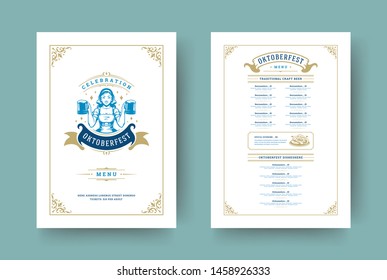 Oktoberfest menu vintage typography template with cover beer festival celebration and label design vector illustration. Beer symbols and decoration objects.