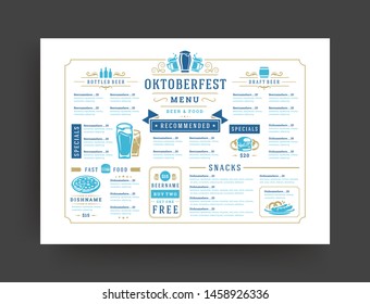 Oktoberfest menu vintage typography template beer festival celebration design vector illustration. Beer symbols and decoration objects.