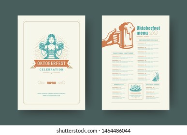 Oktoberfest menu vintage typography template with cover beer festival celebration and label design vector illustration. Beer symbols and decoration objects.