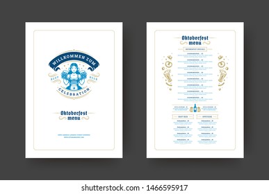 Oktoberfest menu vintage typography template with cover beer festival celebration and label design vector illustration. Beer symbols and decoration objects.