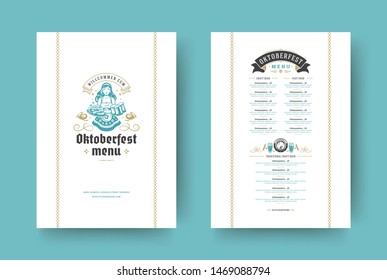 Oktoberfest menu vintage typography template with cover beer festival celebration and label design vector illustration. Beer symbols and decoration objects.