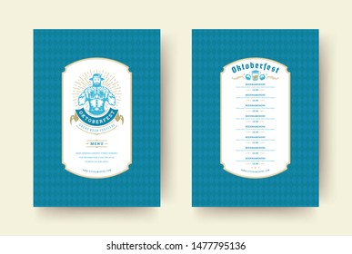 Oktoberfest menu vintage typography template with cover beer festival celebration and label design vector illustration. Oktoberfest beer symbols and decoration objects.