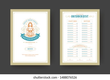 Oktoberfest menu vintage typography template with cover beer festival celebration and label design vector illustration. Beer symbols and decoration objects.