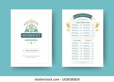 Oktoberfest menu vintage typography vector template with cover beer festival celebration and badge design. Beer mug silhouette.