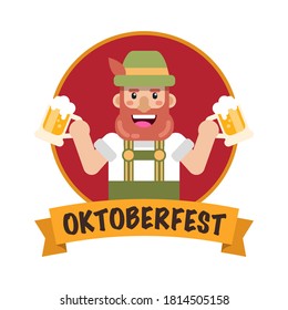 Oktoberfest. Munich Beer Festival Oktoberfest. People in traditional German, Bavarian costume holding beer mugs. Welcome to beer festival. Invitation flyer or poster for feast.