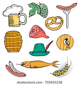 Oktoberfest National German Festival. Set of a glass of beer with foam, sausage on a fork, pretzel, pork ham, fish on stick, hops, barley, barrel, hat. Hand drawn doodle isolated on white background