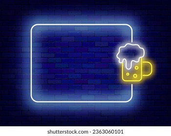 Oktoberfest neon advertising. Beer mag and empty frame. National germany holiday. Minimal banner on brick wall. Copy space. Bright flyer. Glowing poster. Editable stroke. Vector stock illustration