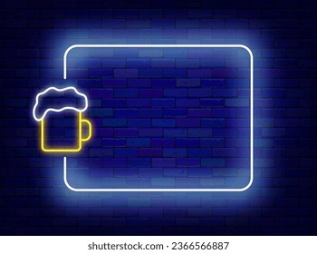 Oktoberfest neon advertising. Beer mag and empty border. National Germany holiday. Simple banner. Copy space. Bright flyer. Glowing poster. Editable stroke. Vector stock illustration