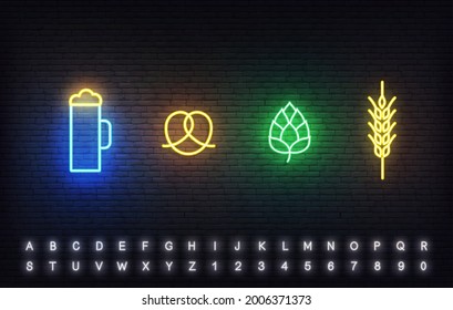 Oktoberfest Neonsymbole Vorlage. Helles Zeichen von Bierglas, Brezel, Hopfen und Weizenähren für das Oktoberfest