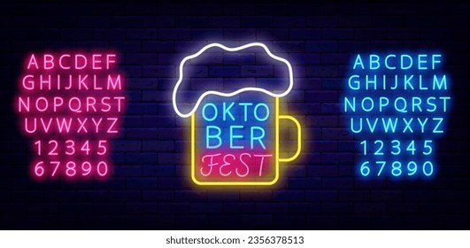 Oktoberfest neon label. Beer foam in mug. Shiny pink and blue alphabet. Traditional germany event. Alcohol party. Shiny greeting card. Editable stroke. Vector stock illustration