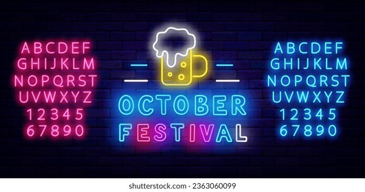 Oktoberfest neon label. Beer foam in mug icon. Shiny pink and blue alphabet. Traditional germany event. Colorful handwritten text. Alcohol party. Editable stroke. Vector stock illustration