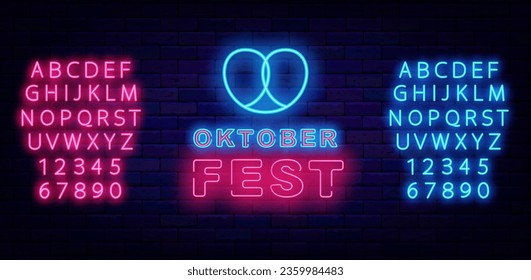 Oktoberfest neon label. Pretzel icon. Shiny pink and blue alphabet. Traditional germany event. Alcohol party. Shiny greeting card. Editable stroke. Vector stock illustration