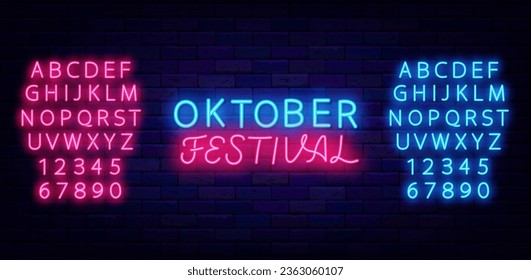 Oktoberfest neon label. Shiny pink and blue alphabet. Lumious lettering. Traditional germany event. Alcohol party. Shiny greeting card. Editable stroke. Vector stock illustration