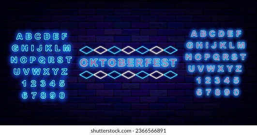 Oktoberfest neon label. Shiny turquoise alphabet. Luminous lettering. Traditional Germany event. Alcohol party. Shiny greeting card. Editing text. Vector stock illustration