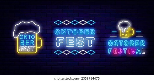 Oktoberfest neon labels collection. Traditional germany holiday. Alcohol party. Beer mag with foam. October event celebration. Shiny greeting card. Light advertising. Editing text. Vector illustration