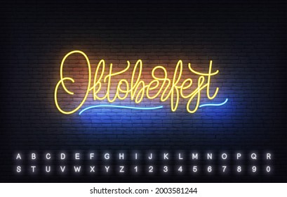 Oktoberfest neon lettering template. Bright sign with custom typography for Oktoberfest