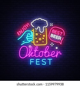 Oktoberfest Neon Logo Vector. Oktoberfest Beer Festival neon sign, design template, modern trend design, night neon signboard, night bright advertising, light banner, light art. Vector illustration