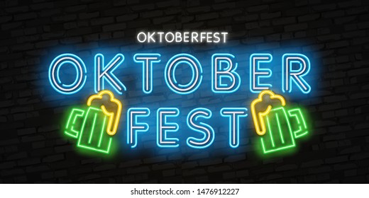 Oktoberfest Neon Logo Vector. Oktoberfest Beer Festival neon sign, design template, modern trend design, night neon signboard, night bright advertising, light banner, light art. Vector illustration