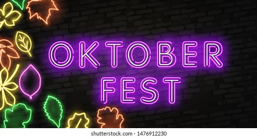 Oktoberfest Neon Logo Vector. Oktoberfest Beer Festival neon sign, design template, modern trend design, night neon signboard, night bright advertising, light banner, light art. Vector illustration