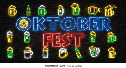 Oktoberfest Neon Logo Vector. Oktoberfest Beer Festival neon sign, design template, modern trend design, night neon signboard, night bright advertising, light banner, light art. Vector illustration