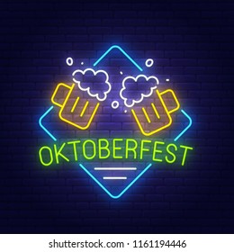 Oktoberfest neon sign, bright signboard, light banner. Beer party logo, emblem. Vector illustration