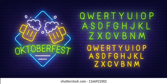 Oktoberfest neon sign, bright signboard, light banner.  Beer party logo. Neon sign creator. Neon text edit