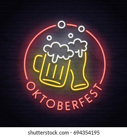 Oktoberfest neon sign, bright signboard, light banner. Beer logo, emblem