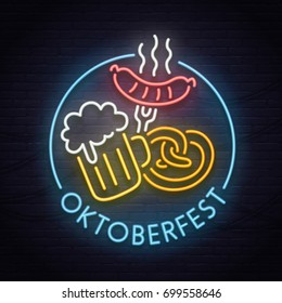 Oktoberfest neon sign, bright signboard, light banner. Beer logo, emblem