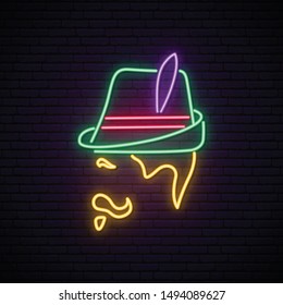 Oktoberfest neon signboard. Man with traditional german green hat. Side view. Vector Illustration.