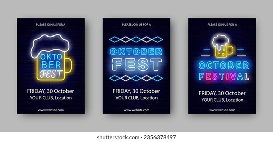 Colección de afiches verticales del Oktoberfest. Tradicional fiesta alemana. Fiesta de alcohol. Ceremonia de cerveza de octubre. Tarjeta de saludo brillante. Publicidad ligera. Editando texto. Ilustración del vector