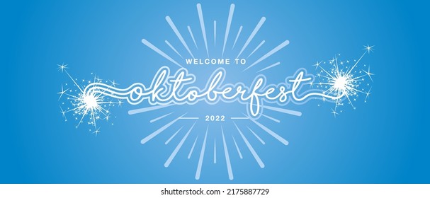 Oktoberfest, nueva caligrafía escrita a mano de color azul claro blanco, tipografía, bienvenido al Oktoberfest 2022, fondo de fuego brillante